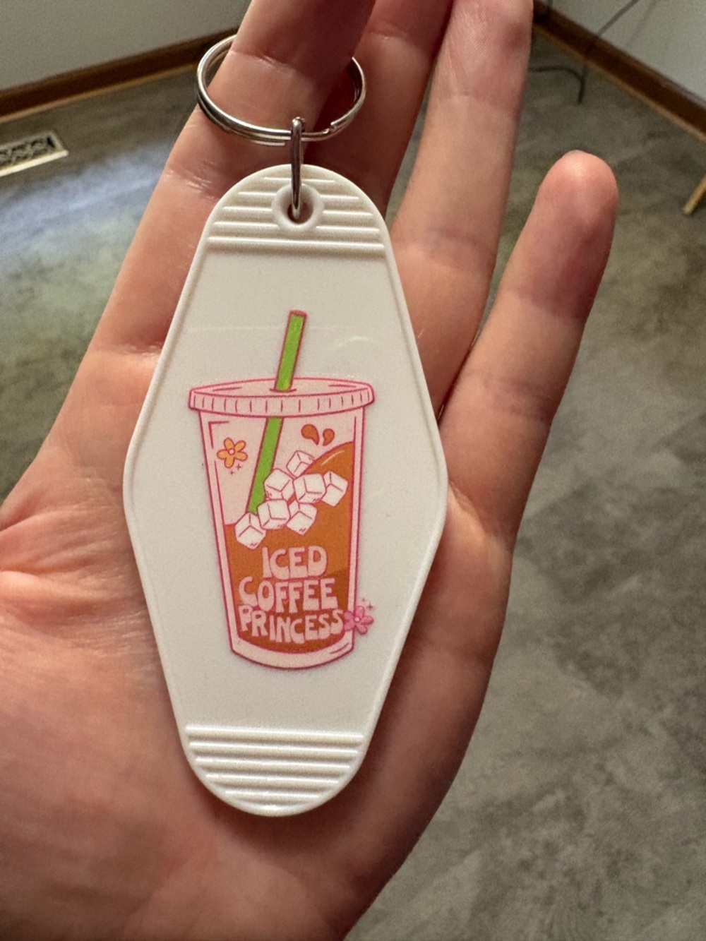 Iced Coffee Princess Keychain - White with Pink & Green Art